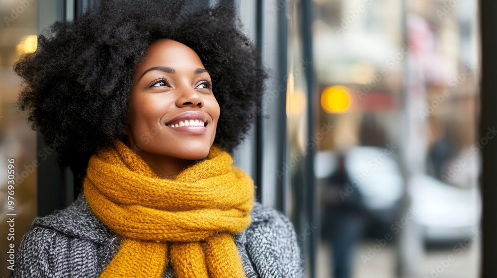 Smiling Young African American Woman In Yellow Scarf Looking Up, Standing At The Storefront Smiling Young African American Woman In Yellow Scarf Looking Up, Standing At The Storefront
