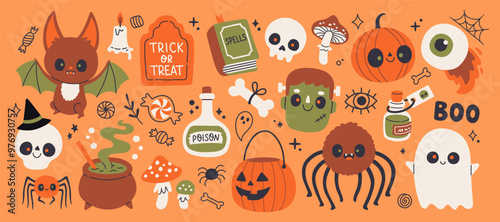 Cute Halloween element set. Ghost, skeleton, bat, pumpkin. For scrapbooking, greeting card, party invitation, poster