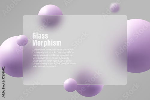 Glass morphism style website landing page template. Horizontal presentation screen with glass overlay effect on levitating sphere.