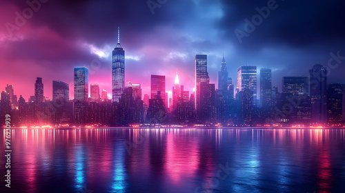 A futuristic cityscape with neon lights reflecting in the water.