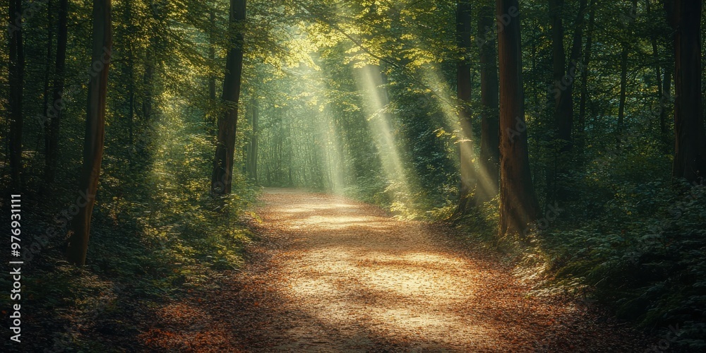 Obraz premium forest path dappled with sunlight