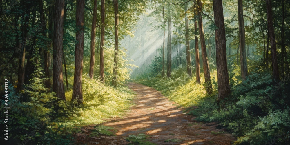 Obraz premium forest path dappled with sunlight