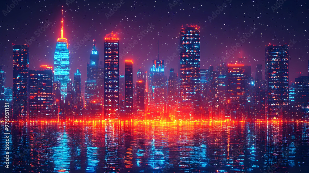 A futuristic cityscape with skyscrapers illuminated in red and blue light reflected in the water. A futuristic cityscape with skyscrapers illuminated in red and blue light reflected in the water.