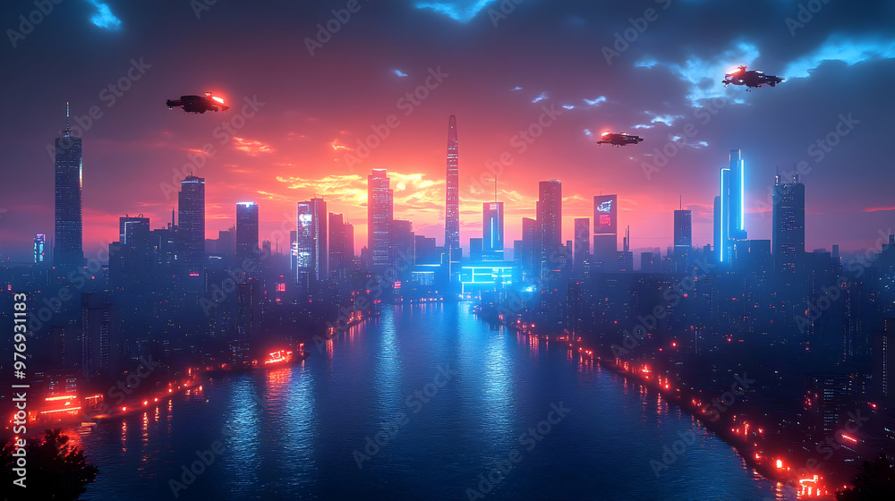 A futuristic cityscape with skyscrapers, a river, and flying vehicles, illuminated by a vibrant sunset. A futuristic cityscape with skyscrapers, a river, and flying vehicles, illuminated by a vibrant sunset.
