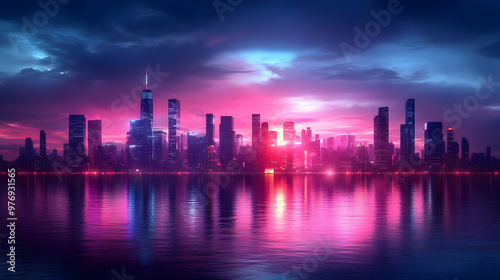 Wallpaper Mural A futuristic cityscape with vibrant neon lights reflected in the water, creating a stunning contrast against the dark sky. Torontodigital.ca