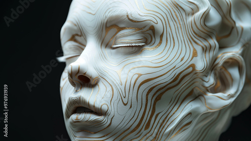 White Gold Porcelain Figurine of Woman Face. Fingerprint Sculpture. Enlightenment, Spirit, Vision, Inner Self, Meditation. Trance, Dream, Reality, Illusion. Creative Soul, Imagination, Mental Health 