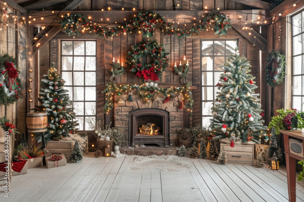 Cozy Rustic Christmas Interior with Festive Decorations and Illuminated Trees Cozy Rustic Christmas Interior with Festive Decorations and Illuminated Trees