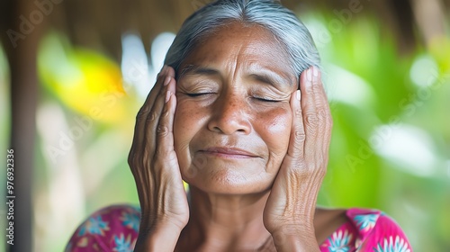 Mature Woman in Bright Sunlight Enjoying Peaceful Moment Outdoors photo