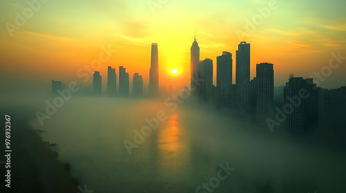 A hazy sunrise over a cityscape with tall skyscrapers casting long shadows over the water.