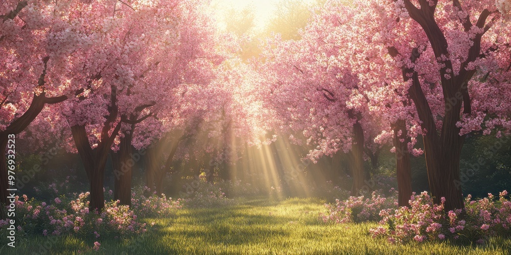 Fototapeta premium sunlit grove of blooming cherry trees 