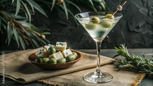 Refreshing Vodka Martini Garnished with Blue Cheese-Stuffed Olives, Elegant Cocktail Presentation, Perfect for Upscale Gatherings.