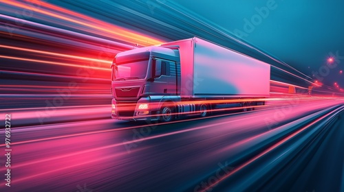 Semi-truck in motion on highway at night with vibrant light trails.