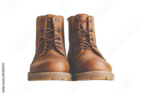 A pair of brown leather lace-up boots with a worn aesthetic.