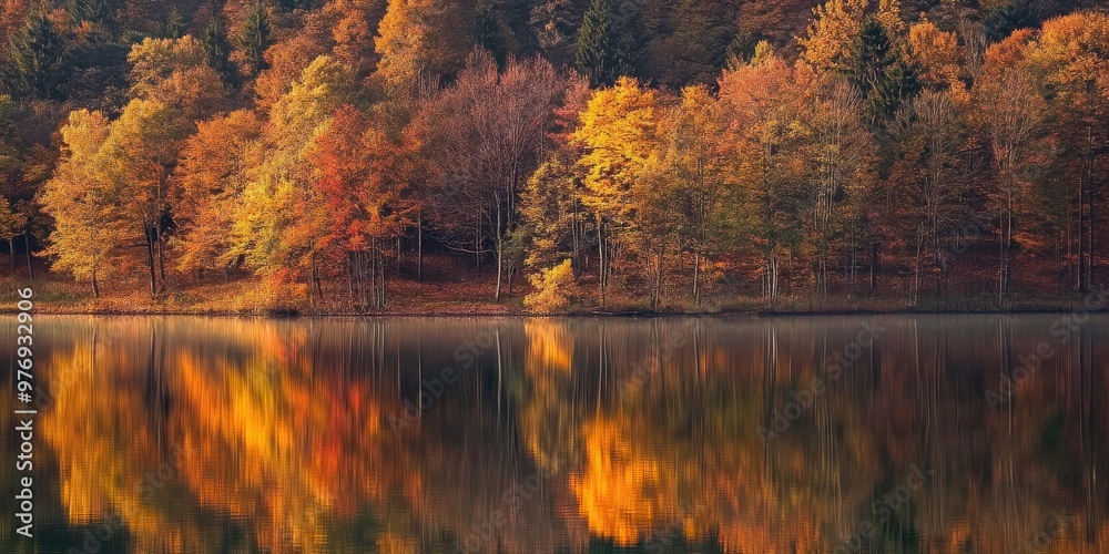 Obraz premium tranquil lake reflecting autumn trees