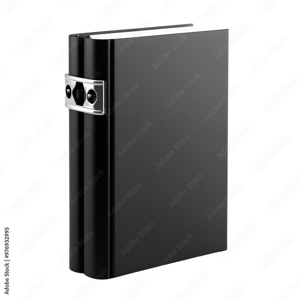 Black notebook with decorative clips and a sleek cover design Black notebook with decorative clips and a sleek cover design