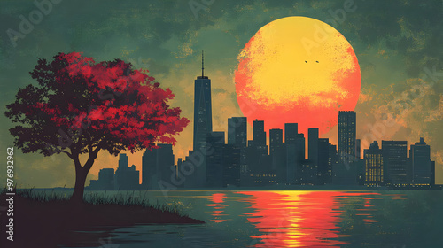 A large orange sun sets ove...