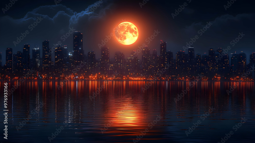 A large, red moon hangs over a city skyline reflected in the water below. A large, red moon hangs over a city skyline reflected in the water below.