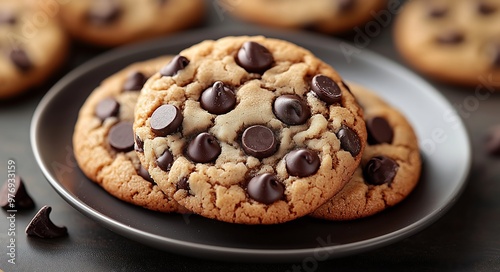 Close-Up of Chocolate Chip Cookies on a Black Plate photo