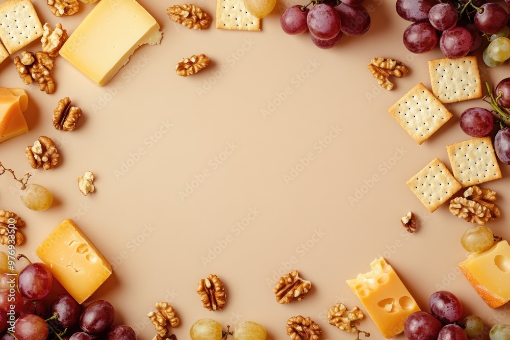 Floating Cheese, Crackers, Grapes, and Walnuts on a Neutral Background - Perfect for Food Design, Posters, or Prints