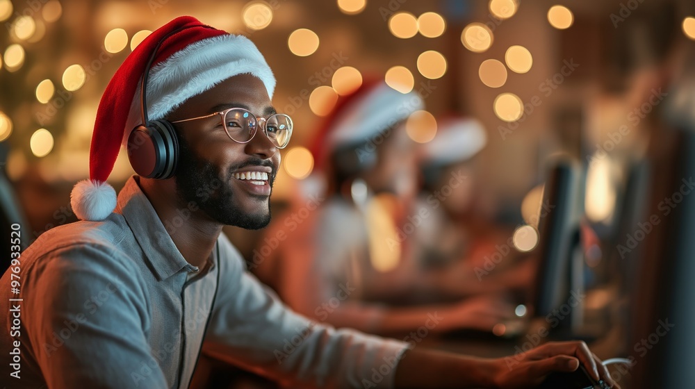 Call center specialist wearing Santa hat using computer, festive atmosphere with warm lights. Call center specialist wearing Santa hat using computer, festive atmosphere with warm lights.