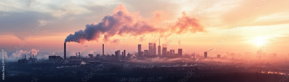 Industrial Skyline at Sunset with Smokestacks and City Buildings in the Background Industrial Skyline at Sunset with Smokestacks and City Buildings in the Background