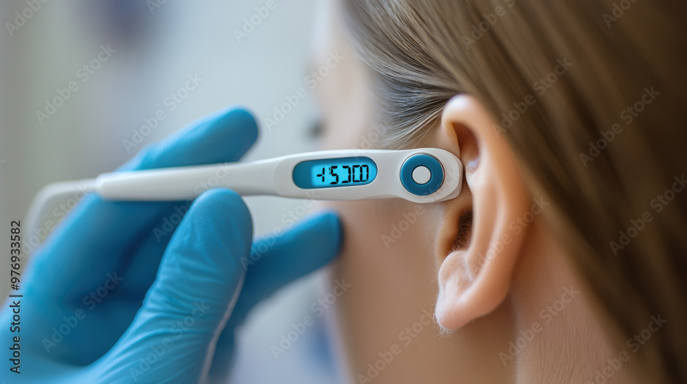 Close up of digital thermometer taking an ear temperature reading, showcasing precision and care in health monitoring. thermometer displays clear digital readout, emphasizing its importance in medical Close up of digital thermometer taking an ear temperature reading, showcasing precision and care in health monitoring. thermometer displays clear digital readout, emphasizing its importance in medical