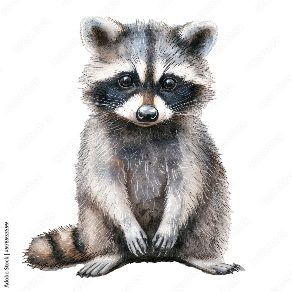 Watercolor painting of a cute baby raccoon sitting and staring, isolated on white background Watercolor painting of a cute baby raccoon sitting and staring, isolated on white background