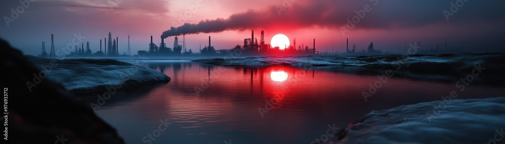 Industrial Landscape at Sunset with Smokestacks and Reflections in Water Industrial Landscape at Sunset with Smokestacks and Reflections in Water
