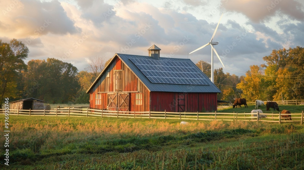 Obraz premium A barn equipped with solar panels and wind turbines, with animals benefiting from sustainable technology.