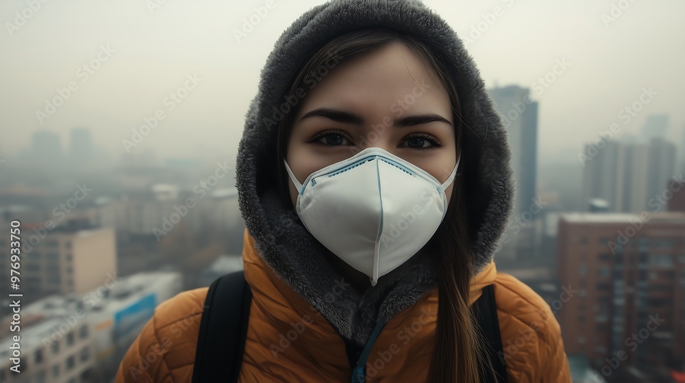Woman Wearing Mask with City Smog in Background, Pollution Concern Woman Wearing Mask with City Smog in Background, Pollution Concern