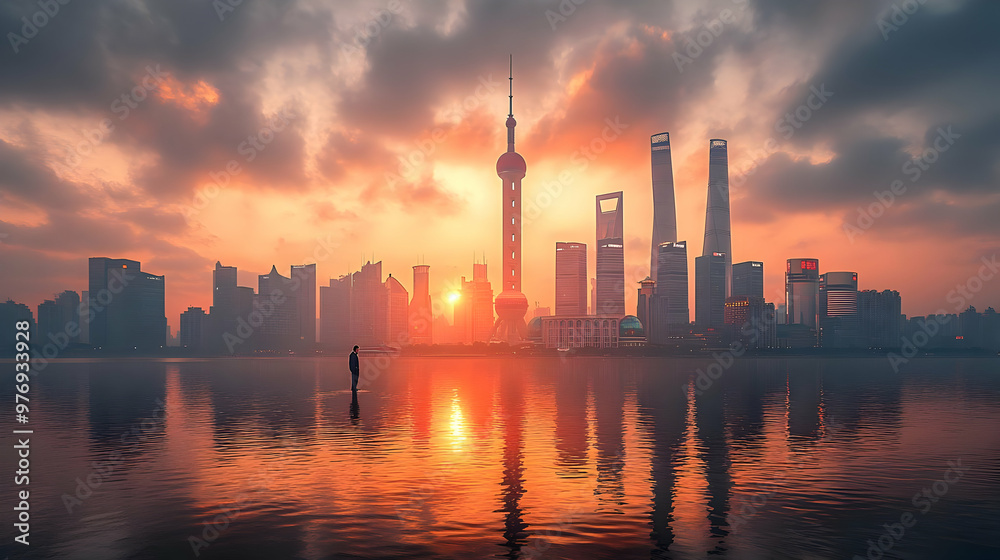 A lone figure stands in the foreground of a stunning sunrise over the Shanghai skyline, with the sun breaking through a dramatic cloudy sky, reflecting off the calm waters of the river. A lone figure stands in the foreground of a stunning sunrise over the Shanghai skyline, with the sun breaking through a dramatic cloudy sky, reflecting off the calm waters of the river.