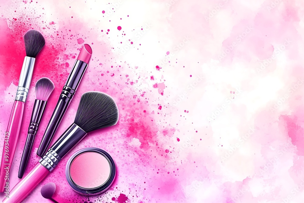 Pink Makeup Brushes and Blush on Watercolor Background, Beauty Tools Pink Makeup Brushes and Blush on Watercolor Background, Beauty Tools