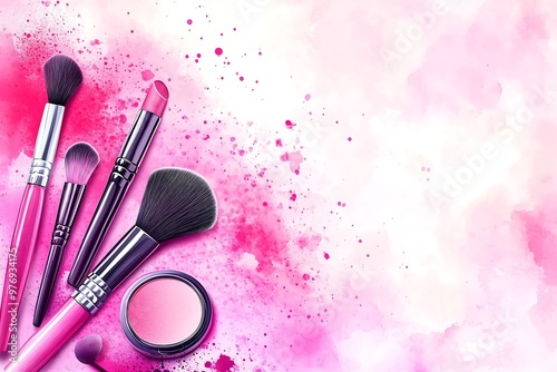 Pink Makeup Brushes and Blush on Watercolor Background, Beauty Tools photo