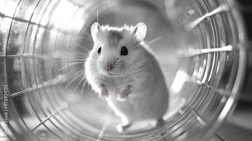 A hamster wheel spinning rapidly as a hamster runs. photo