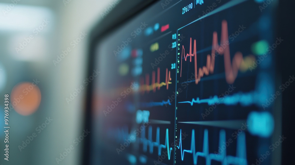 Close up of heart rate monitor displaying real time data, showcasing vital signs and waveforms. This image captures essence of medical monitoring technology Close up of heart rate monitor displaying real time data, showcasing vital signs and waveforms. This image captures essence of medical monitoring technology