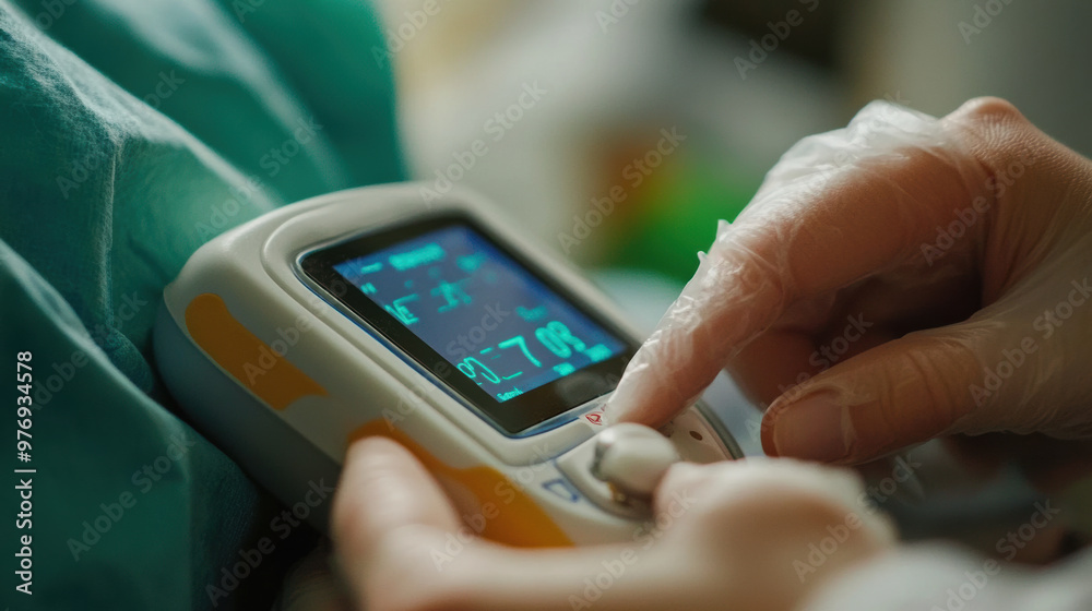 Close up of nurses hand checking oxygen levels on medical device, showcasing precision and care in healthcare setting. focus is on devices display and nurses gloved hand Close up of nurses hand checking oxygen levels on medical device, showcasing precision and care in healthcare setting. focus is on devices display and nurses gloved hand