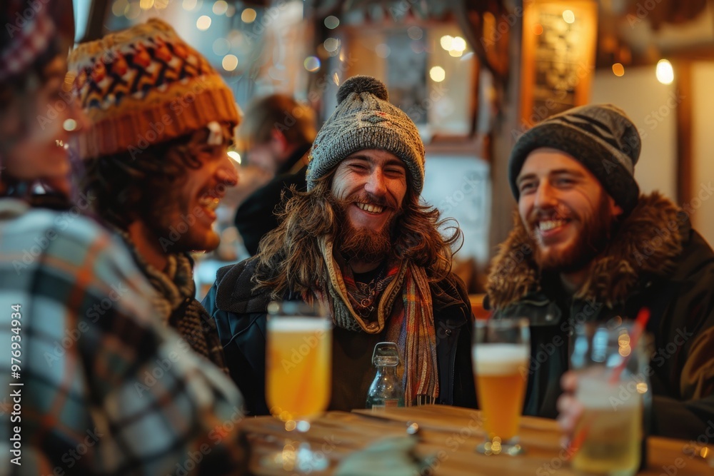 Friends Enjoying Winter Beers in Cozy Pub Setting with Warm Lighting Friends Enjoying Winter Beers in Cozy Pub Setting with Warm Lighting