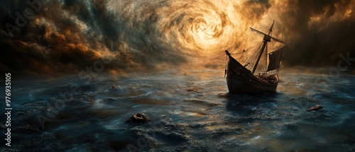 Dramatic Ship Sailing Through Stormy Seas Under a Swirling Sky at Sunset