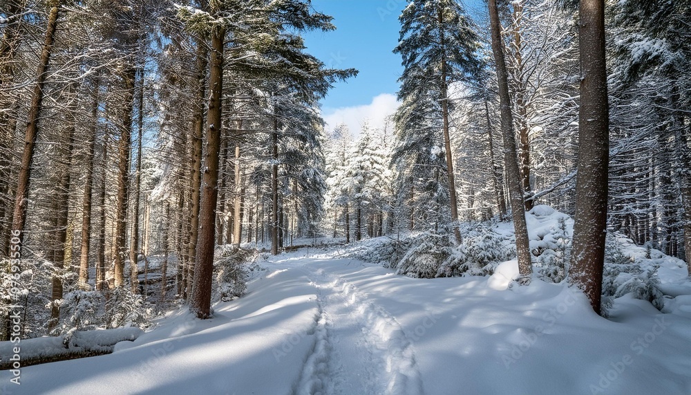 Snow-covered trail through woods Snow-covered trail through woods