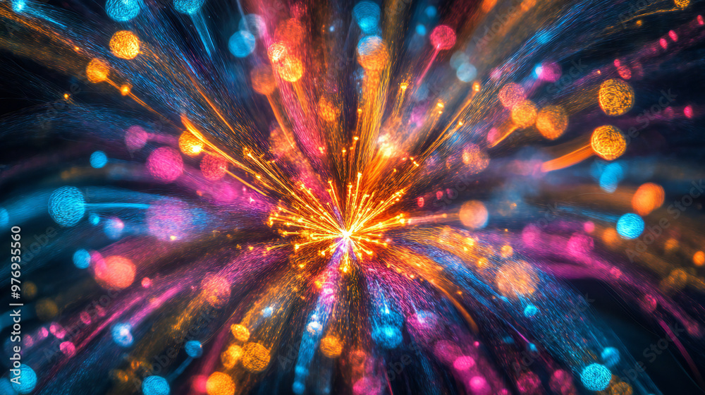 Fototapeta premium A dynamic burst of blue and orange light beams, creating a vibrant, abstract display of motion and energy.