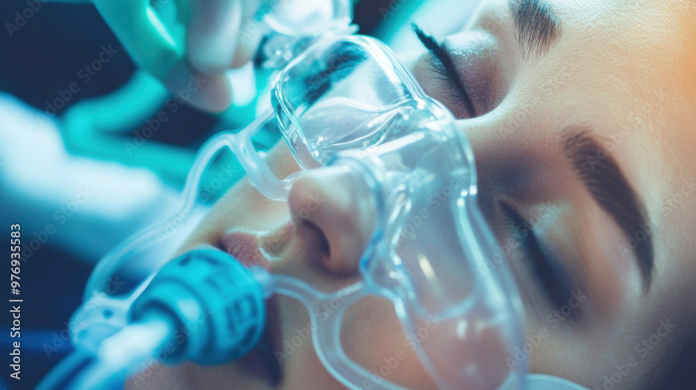 A medical professional is adjusting an oxygen mask on patient, ensuring proper fit and comfort. scene conveys sense of care and urgency in healthcare setting A medical professional is adjusting an oxygen mask on patient, ensuring proper fit and comfort. scene conveys sense of care and urgency in healthcare setting