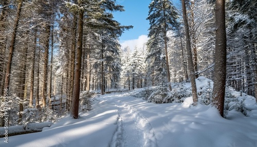 Snow-covered trail through woods