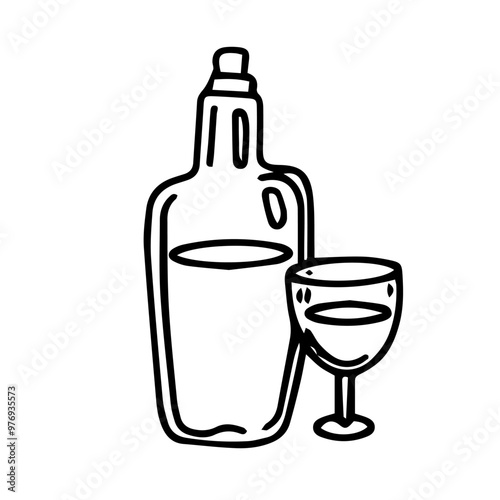 Vector, contour drawing of a bottle with a glass. Design element. doodle