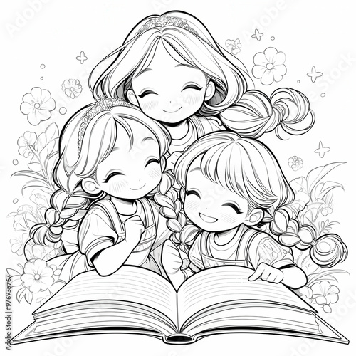 Coloring page for kids, coloring girls reading a book.