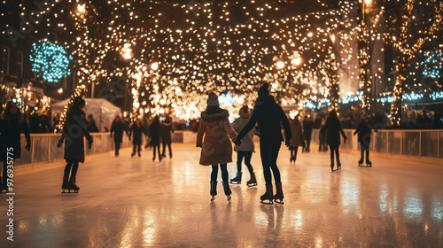People ice skating under a canopy of glowing holiday lights, creating a magical winter scene in an outdoor rink.