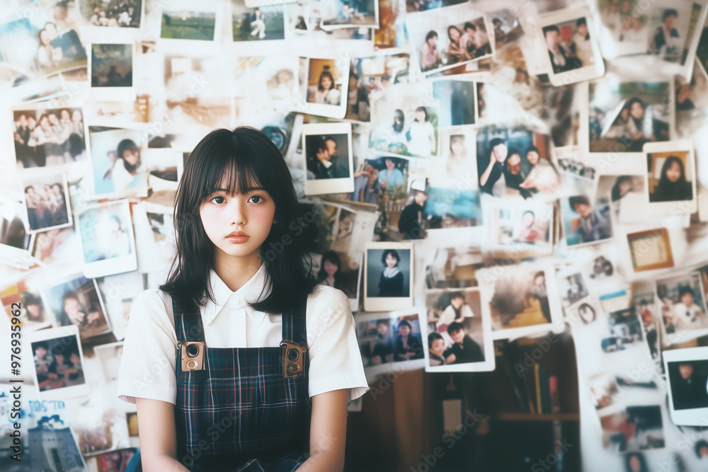 無数のインスタント写真と女性 無数のインスタント写真と女性