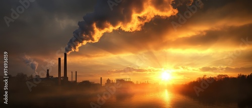 Industrial Factory Emitting Smoke at Sunset with Dramatic Sky and Sun Rays