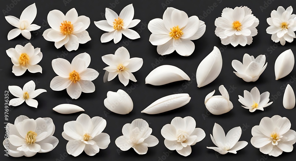 Collection of soft white flower petals isolated on transparent background Collection of soft white flower petals isolated on transparent background