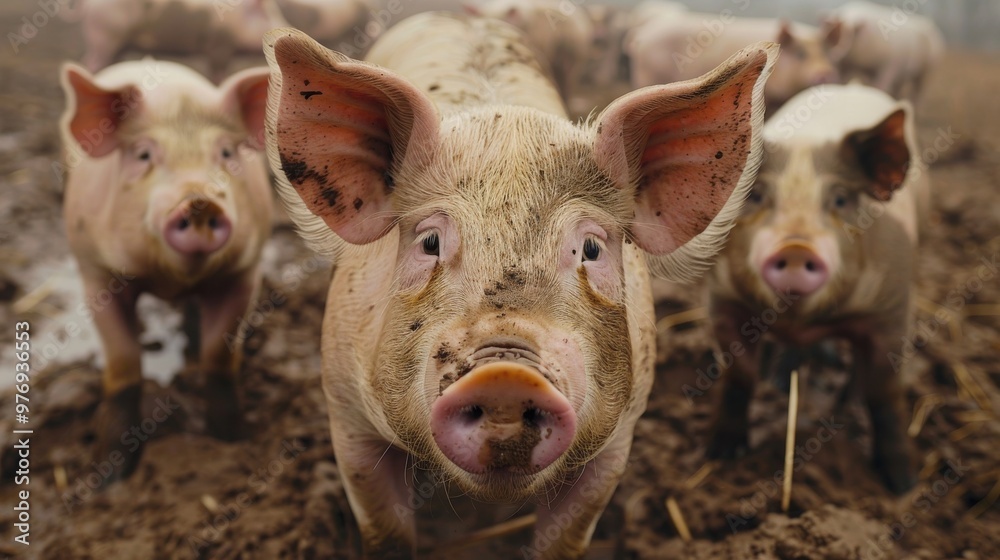 A farm where pigs have access to automated mud baths, monitored by smart sensors. A farm where pigs have access to automated mud baths, monitored by smart sensors.