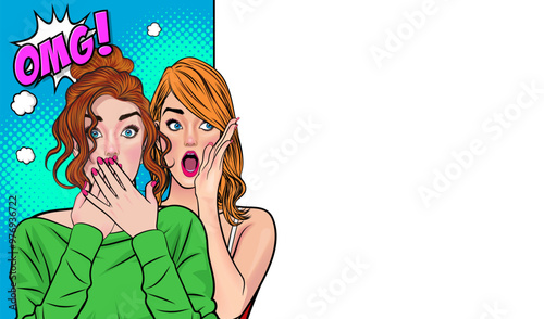 Woman whispering gossip secret to her friend surprise In Retro Vintage Pop Art Comic Style
